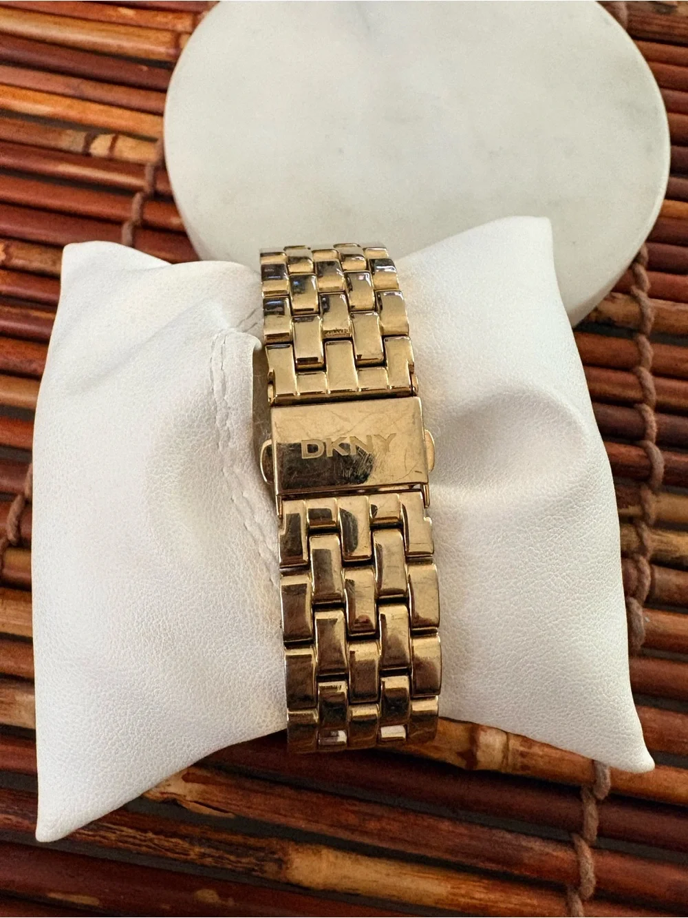 DKNY Gold Tone Crystal Bezel Watch with Mother-of-Pearl Dial Needs Battery